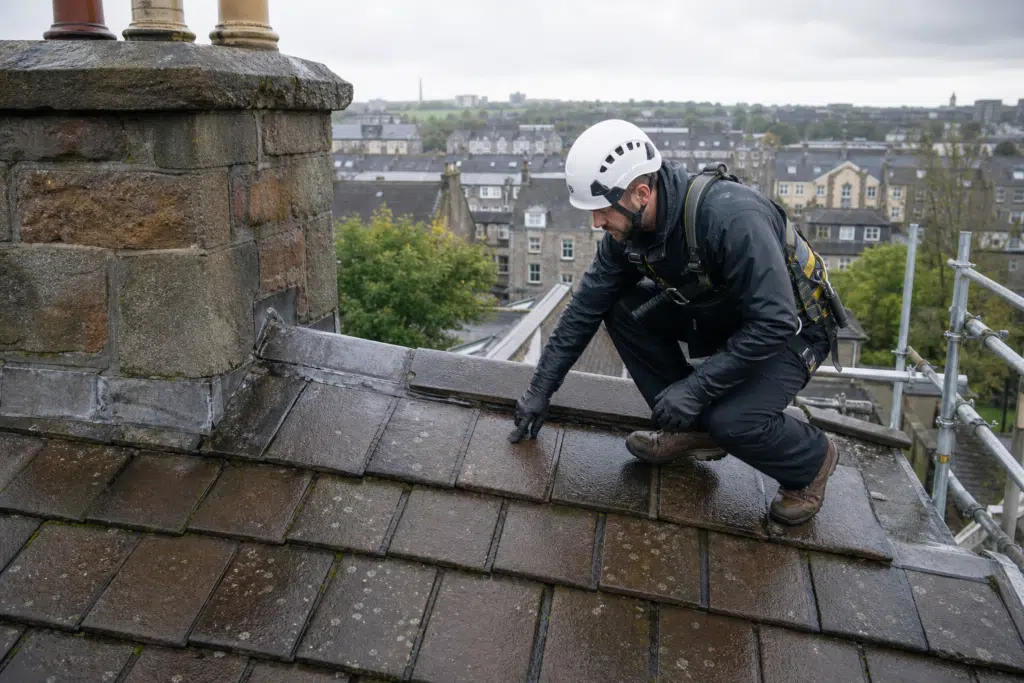 Professional roofer inspecting a tiled residential roof in Dundee after rainfall