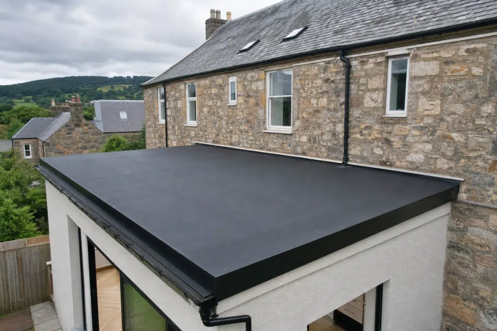 Dark EPDM membrane on a flat-roof extension of a Scottish residential property