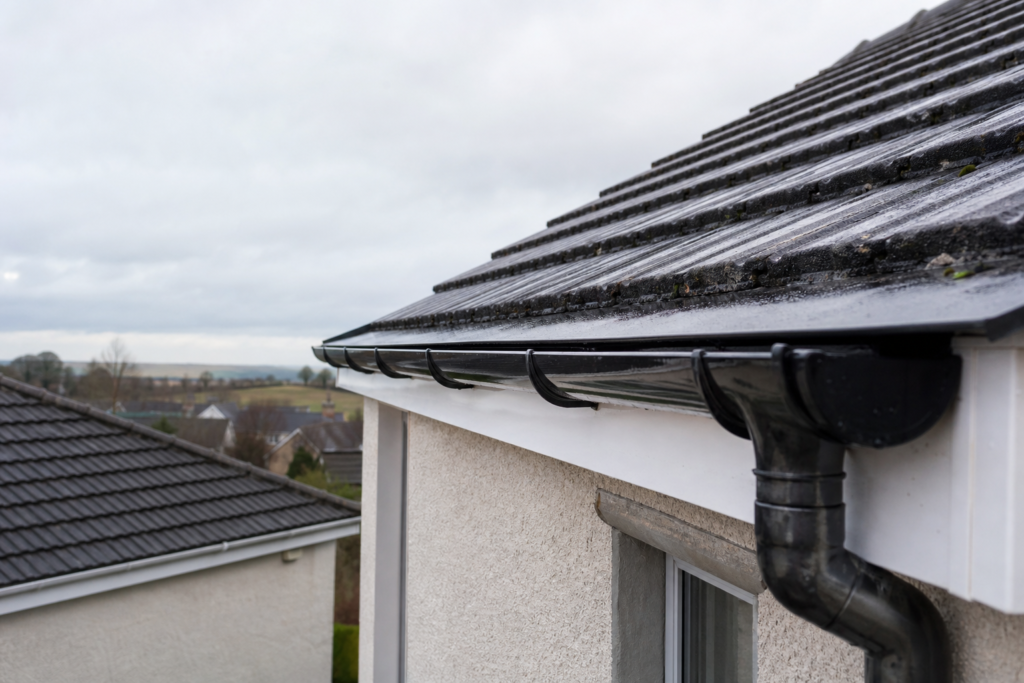 Residential roofline and rainwater guttering on a Scottish home in Cupar